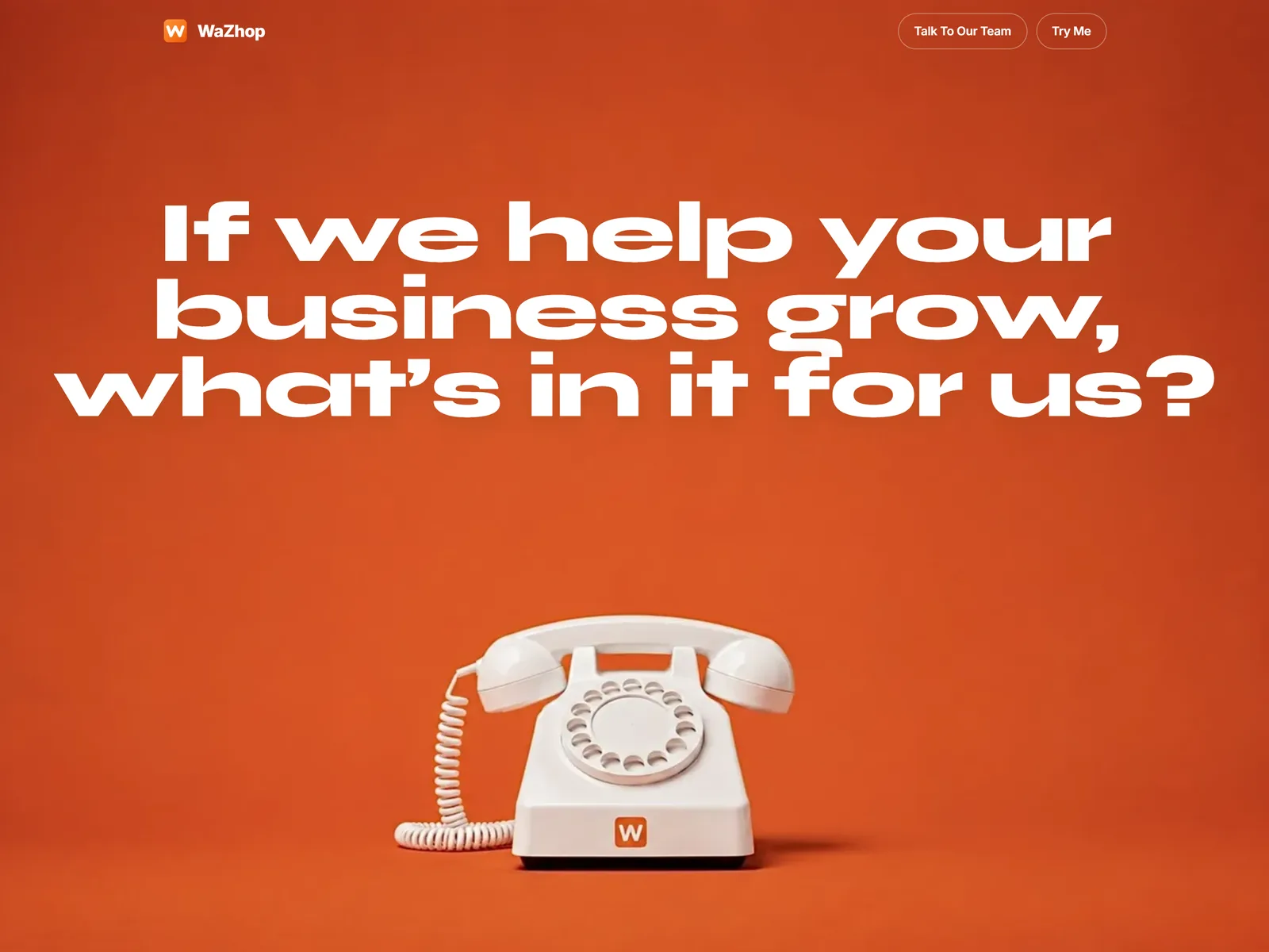 The WaZhop Receptionist home page: a white rotary telephone on a deep orange background.